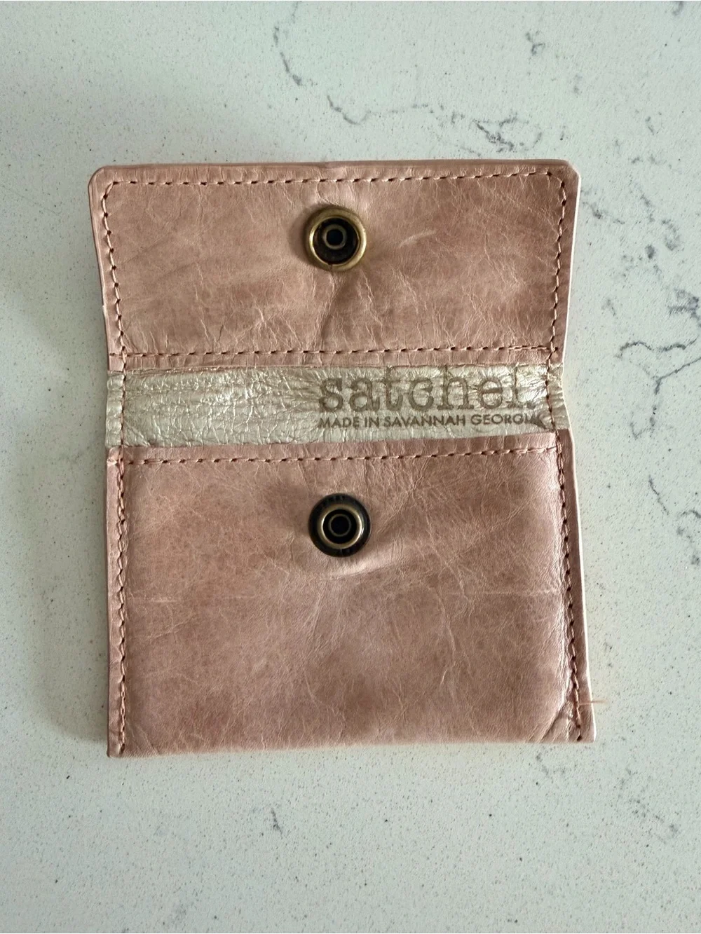 Leather Card Wallet in Dusty Pink with Brass Snap
